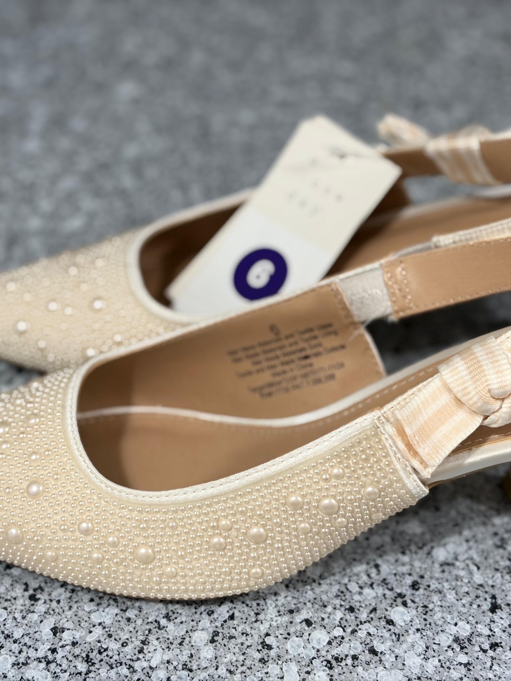 Beige Pearl-Embellished Slingback Flats